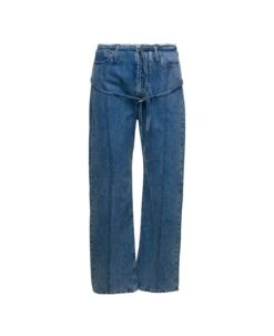 Jacquemus 'le De Nimes Caraco' Light Blue Jeans With Strap Details And Raw Waist In Cotton Denim Woman