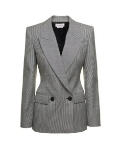 Alexander McQueen Grey Double-breasted Jacket With Houndstooth Motif In Wool Woman