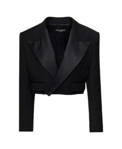 Dolce & Gabbana Black Cropped Jacket With Satin Revers In Wool Woman