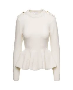 Alexander McQueen White Pullover With Peplum Waist And Jewel Buttons In Wool And Cashmere Woman