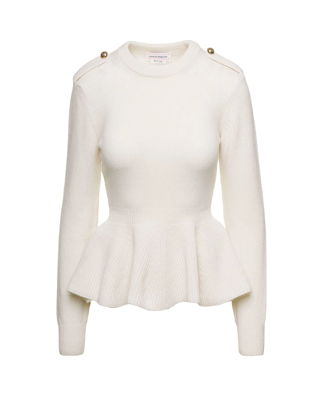 Alexander McQueen White Pullover With Peplum Waist And Jewel Buttons In Wool And Cashmere Woman 3 Alexander McQueen White Pullover With Peplum Waist And Jewel Buttons In Wool And Cashmere Woman